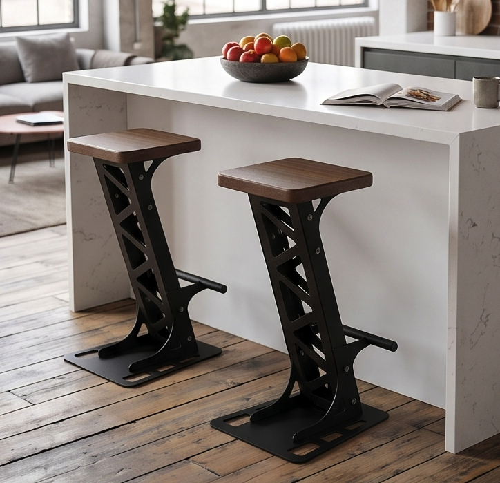 Handcrafted Industrial Modern Solid Wood & Steel Barstool - with Heavy-Duty Geometric Metal Base, Modern Rustic Stool with Footrest