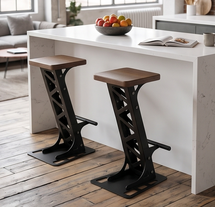 Handcrafted Industrial Modern Solid Wood & Steel Barstool - with Heavy-Duty Geometric Metal Base, Modern Rustic Stool with Footrest
