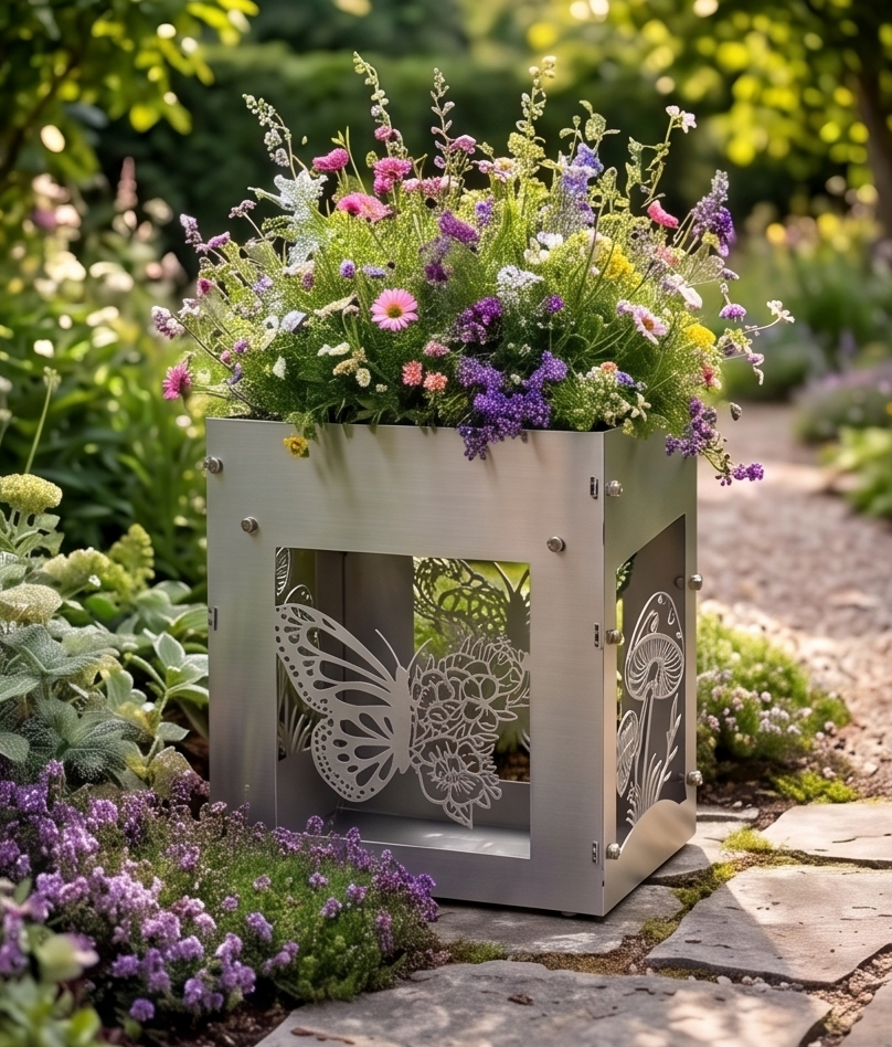 Handcrafted Stainless Steel Tall Planter with Decorative Butterfly & Mushroom Design – Indoor/Outdoor Display