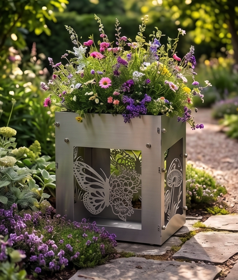 Handcrafted Stainless Steel Tall Planter with Decorative Butterfly & Mushroom Design – Indoor/Outdoor Display