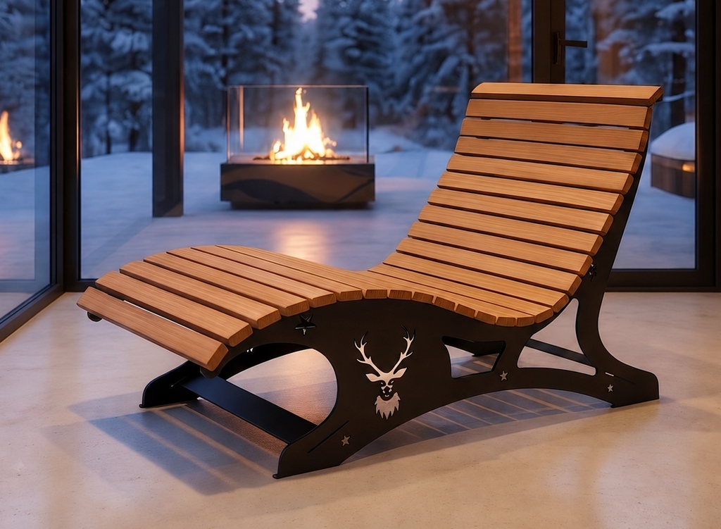Premium Handcrafted Extra-Wide (125cm) Wood & Metal Sun Lounger – Ergonomic Garden Chaise with Custom Stag Motif