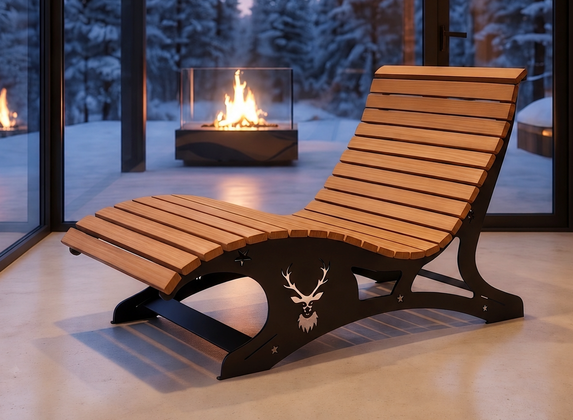 Premium Handcrafted Extra-Wide (125cm) Wood & Metal Sun Lounger – Ergonomic Garden Chaise with Custom Stag Motif