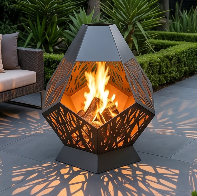 Handcrafted Geometric Cutout Metal Fire Pit – 94cm