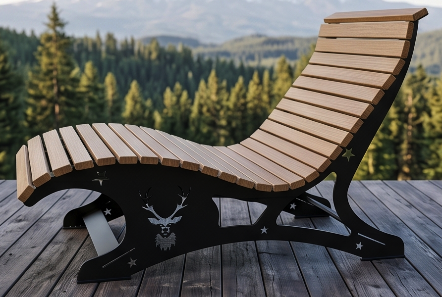 Premium Handcrafted Extra-Wide (125cm) Wood & Metal Sun Lounger – Ergonomic Garden Chaise with Custom Stag Motif