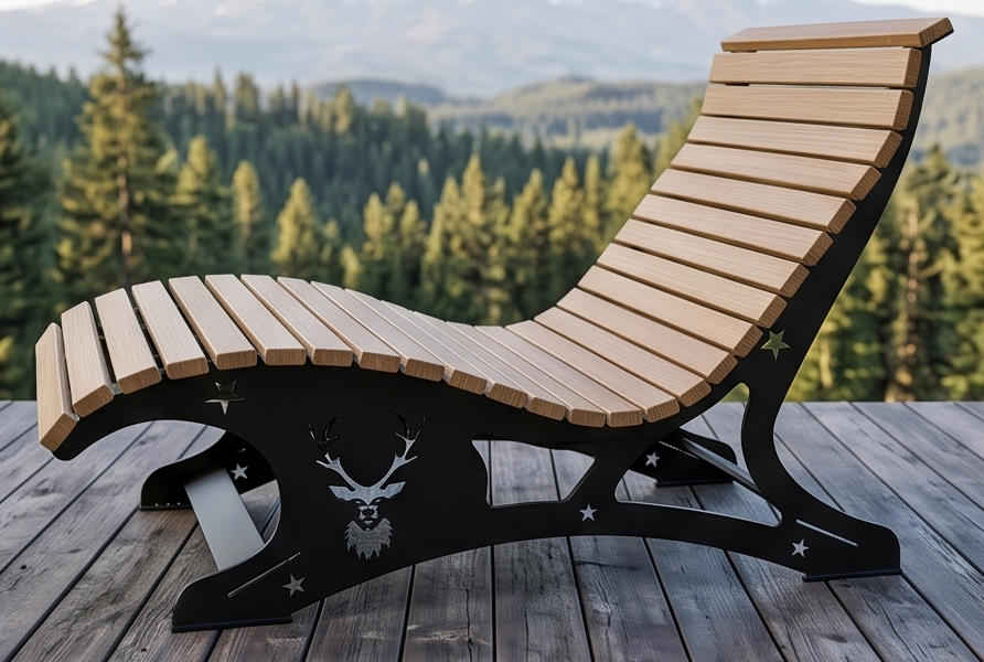 Premium Handcrafted Extra-Wide (125cm) Wood & Metal Sun Lounger – Ergonomic Garden Chaise with Custom Stag Motif