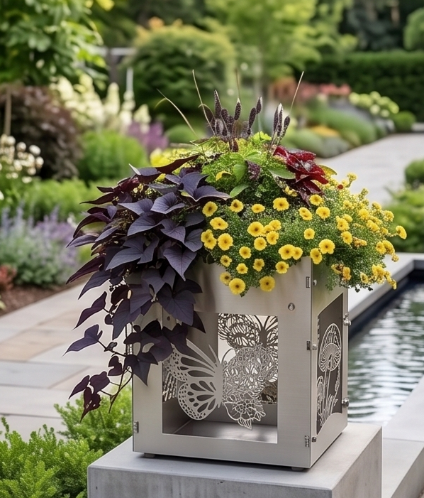 Handcrafted Stainless Steel Tall Planter with Decorative Butterfly & Mushroom Design – Indoor/Outdoor Display