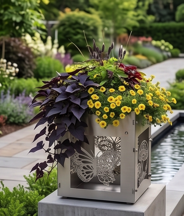 Handcrafted Stainless Steel Tall Planter with Decorative Butterfly & Mushroom Design – Indoor/Outdoor Display