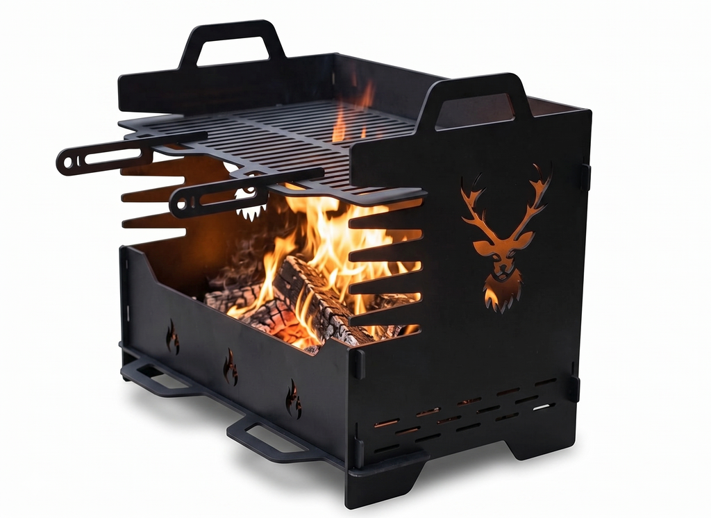Portable BBQ, Grill, Fire Pit, Collapsible BBQ with Adjustable Cooking Grate – Rustic Deer Design