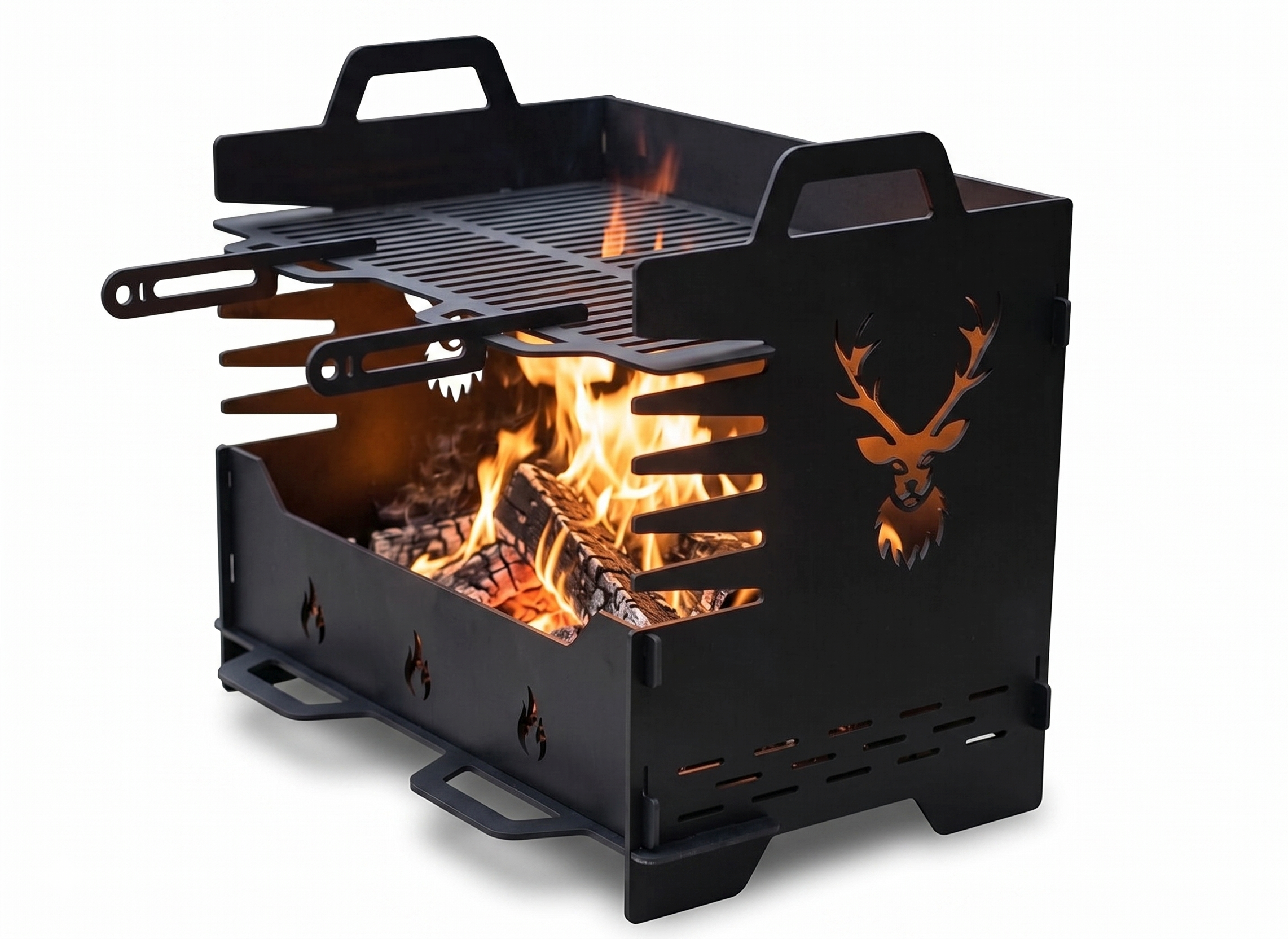 Portable BBQ, Grill, Fire Pit, Collapsible BBQ with Adjustable Cooking Grate – Rustic Deer Design