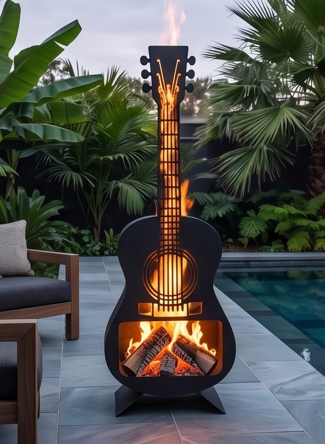 Handcrafted Acoustic Guitar Metal Fire Pit – 105cm Outdoor Chiminea