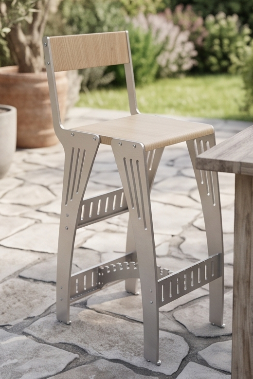 Handcrafted Industrial Modern Solid Wood & Stainless Steel Barstool - High-Back Counter Chair