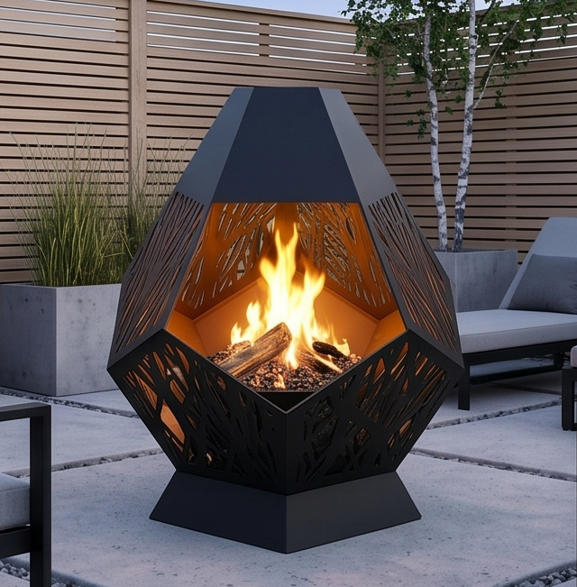 Handcrafted Geometric Cutout Metal Fire Pit – 94cm