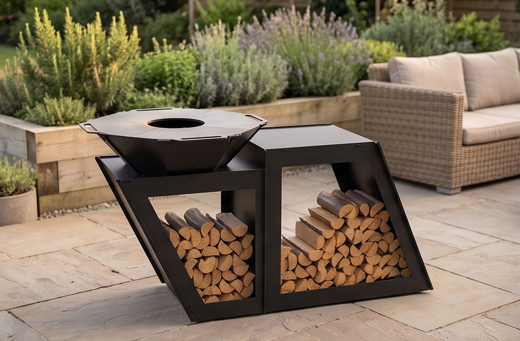 Beautiful Handcrafted Large Premium Geometric Plancha Fire Pit Grill – Wood-Burning Flat Top BBQ with Built-in Log Storage