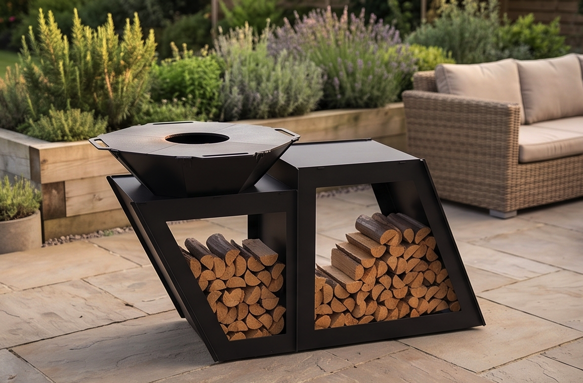 Beautiful Handcrafted Large Premium Geometric Plancha Fire Pit Grill – Wood-Burning Flat Top BBQ with Built-in Log Storage