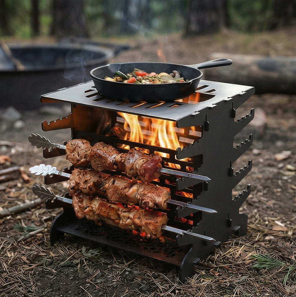 Handcrafted Collapsible and Foldable Skewer Grill, BBQ, Stove
