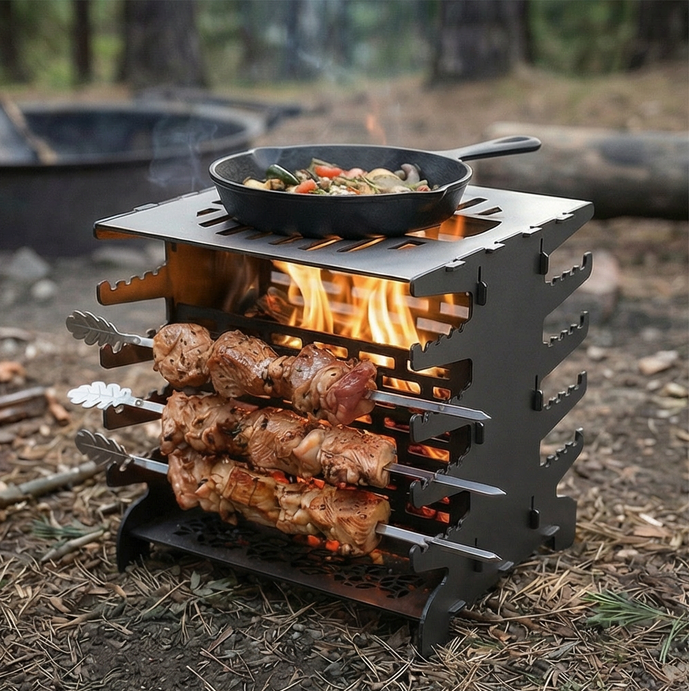 Handcrafted Collapsible and Foldable Skewer Grill, BBQ, Stove