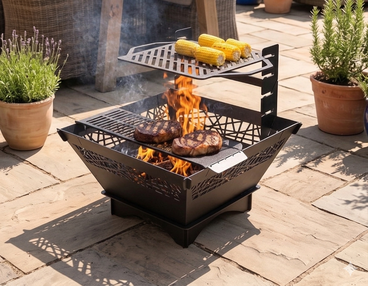 2-in-1 Fire Pit with Adjustable Grill BBQ Attachment – 73 cm x 73 cm