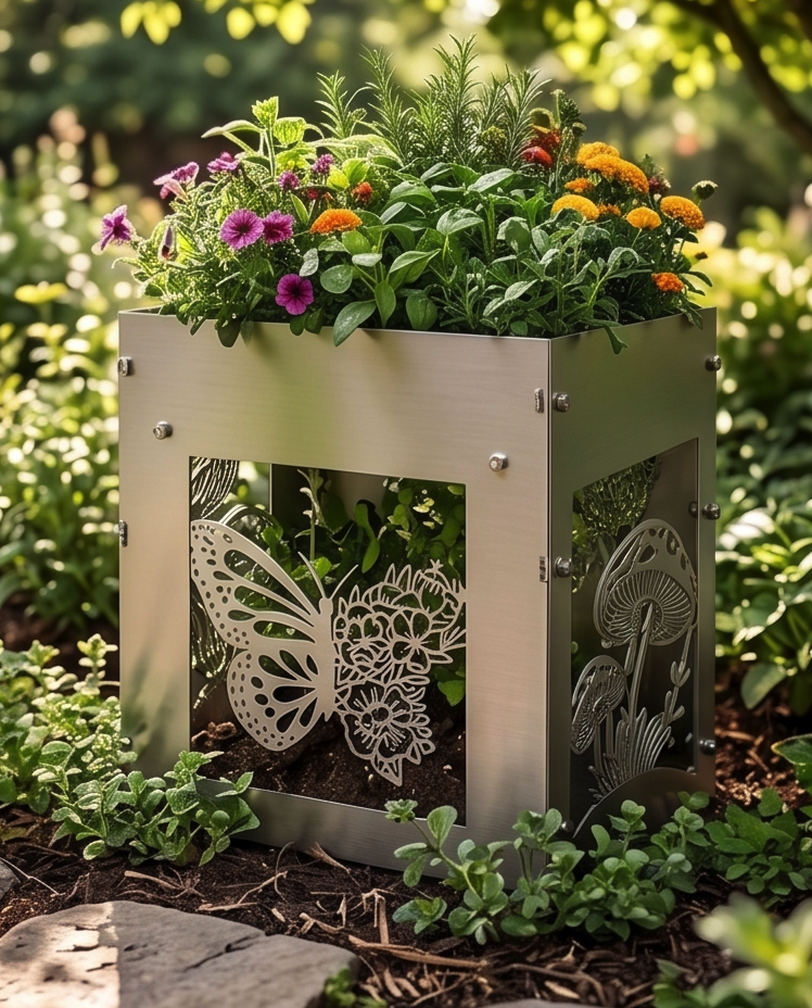 Handcrafted Stainless Steel Tall Planter with Decorative Butterfly & Mushroom Design – Indoor/Outdoor Display