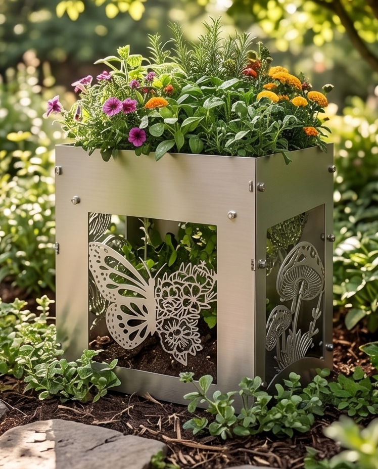 Handcrafted Stainless Steel Tall Planter with Decorative Butterfly & Mushroom Design – Indoor/Outdoor Display