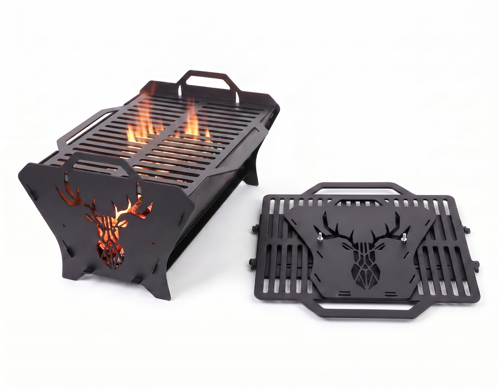 Portable Grill & Fire Pit – Handcrafted Heavy-Duty Foldable and Collapsible BBQ with Geometric Stag Design