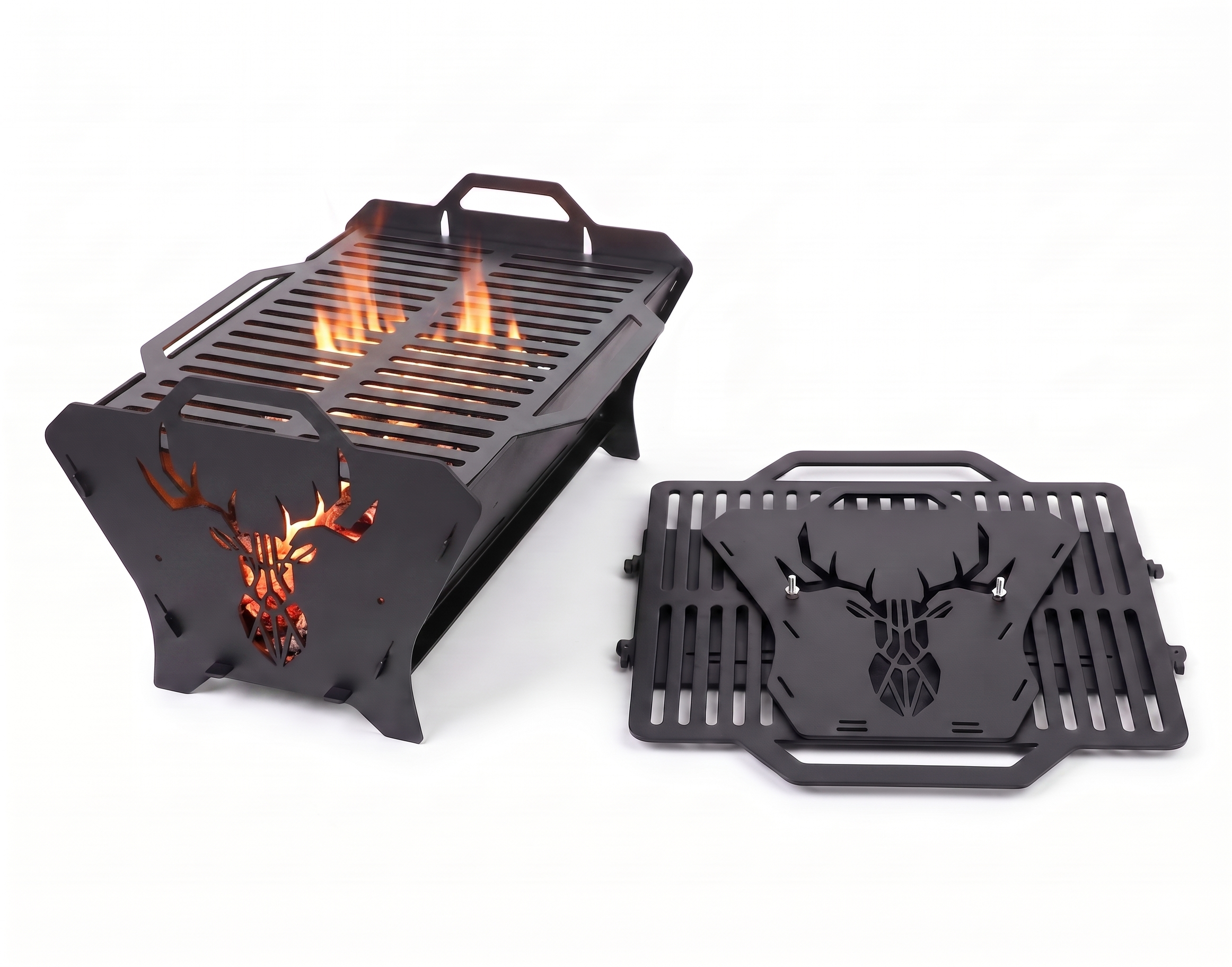 Portable Grill & Fire Pit – Handcrafted Heavy-Duty Foldable and Collapsible BBQ with Geometric Stag Design
