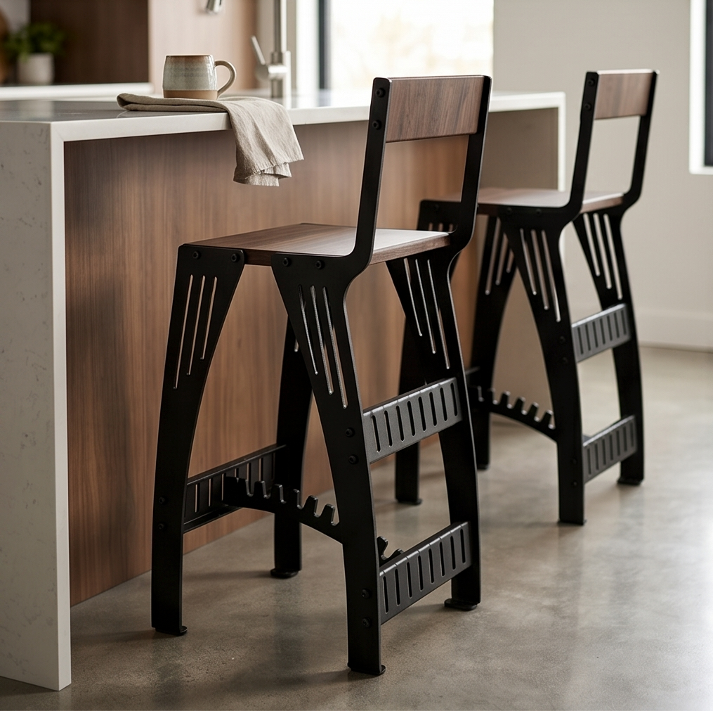 Handcrafted Industrial Modern Solid Wood & Steel Barstool - High-Back Counter Chair