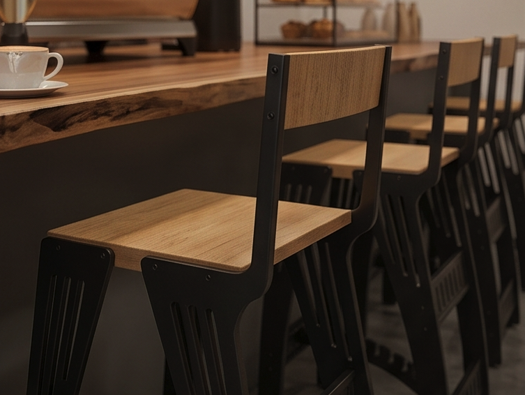 Handcrafted Industrial Modern Solid Wood & Steel Barstool - High-Back Counter Chair