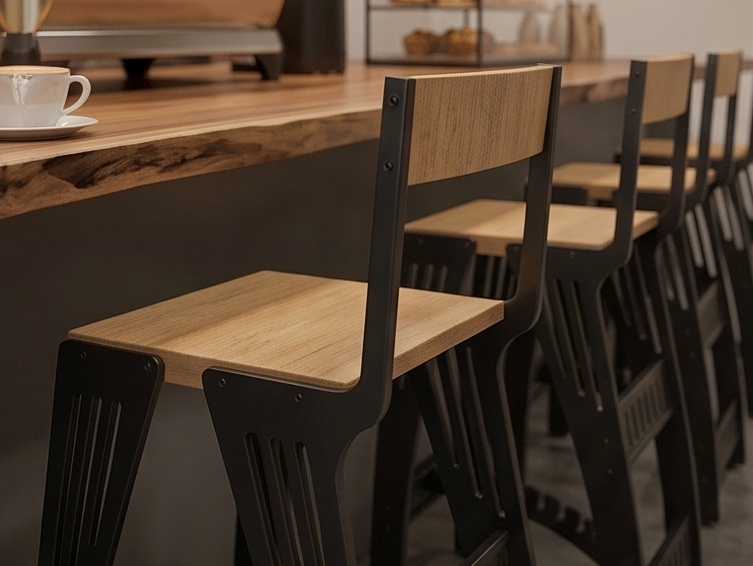 Handcrafted Industrial Modern Solid Wood & Steel Barstool - High-Back Counter Chair
