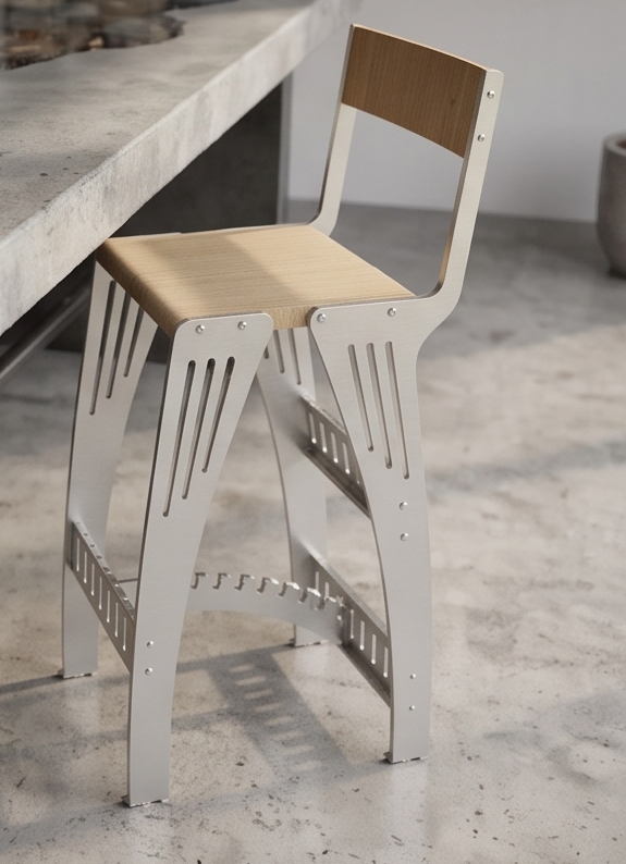 Handcrafted Industrial Modern Solid Wood & Stainless Steel Barstool - High-Back Counter Chair