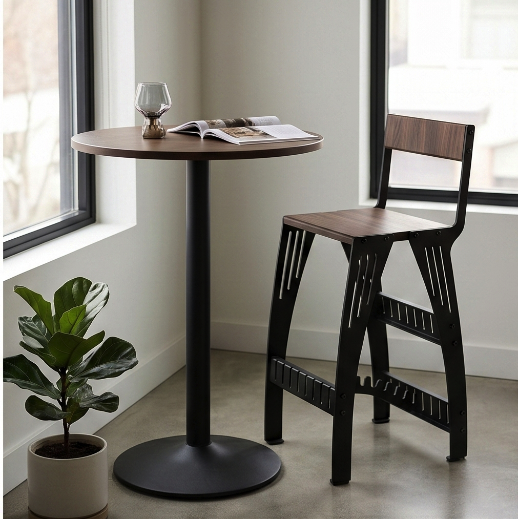 Handcrafted Industrial Modern Solid Wood & Steel Barstool - High-Back Counter Chair