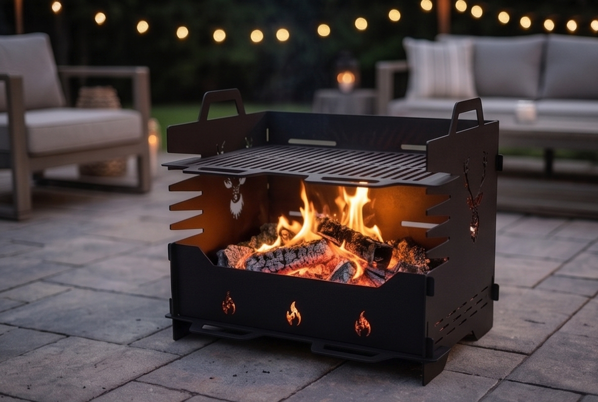 Portable BBQ, Grill, Fire Pit, Collapsible BBQ with Adjustable Cooking Grate – Rustic Deer Design