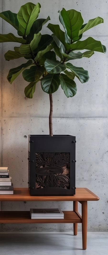 Handcrafted Metal Tall Planter with Decorative Mushroom & Botanical Design – Indoor/Outdoor Display Pot