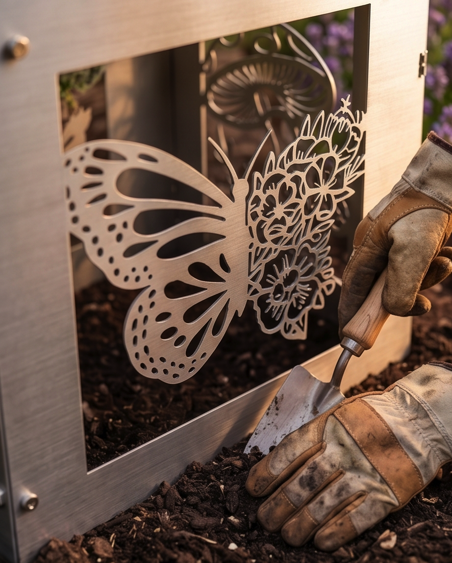 Handcrafted Stainless Steel Tall Planter with Decorative Butterfly & Mushroom Design – Indoor/Outdoor Display
