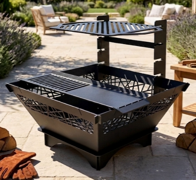 2-in-1 Fire Pit with Adjustable Grill BBQ Attachment – 73 cm x 73 cm