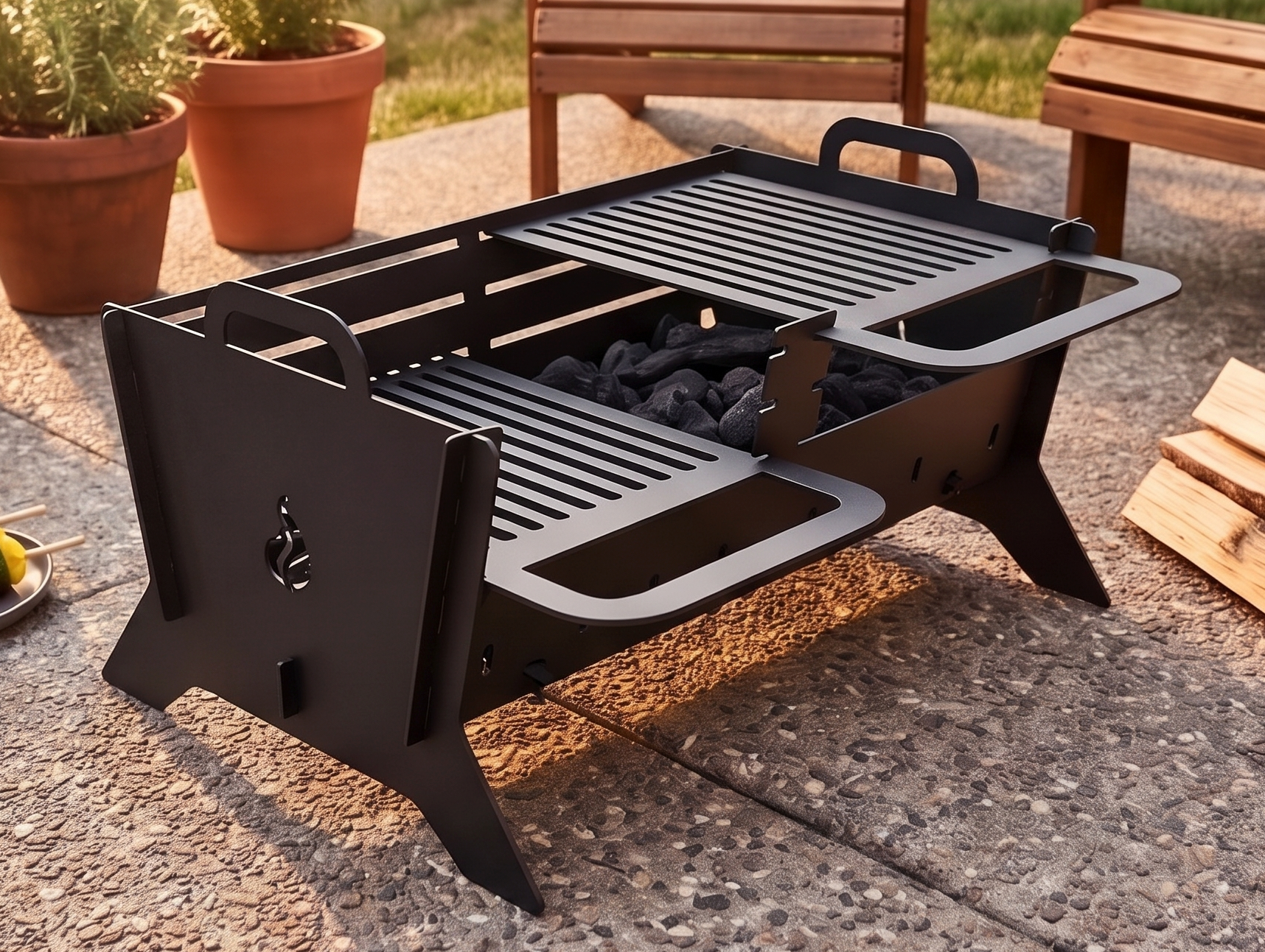 Handcrafted Portable BBQ, Grill & Fire Pit With 2 Adjustable Grates
