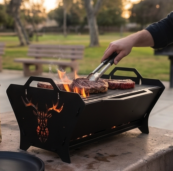 Portable Grill & Fire Pit – Handcrafted Heavy-Duty Foldable and Collapsible BBQ with Geometric Stag Design