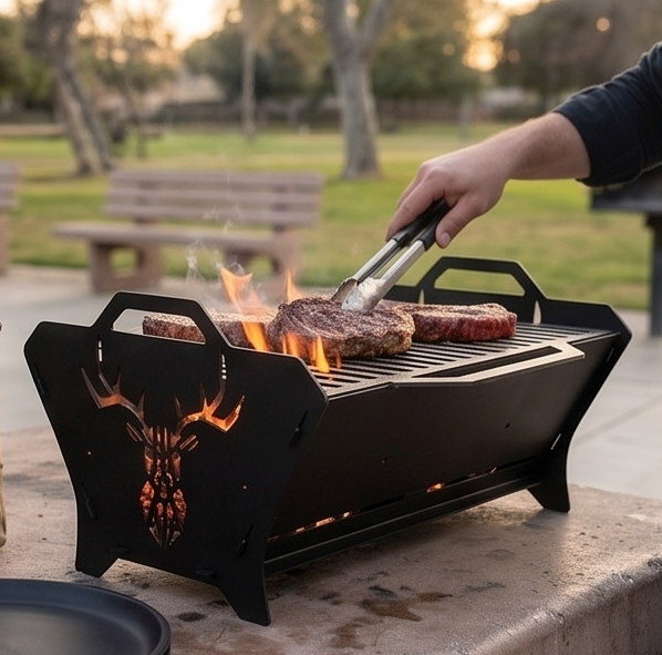 Portable Grill & Fire Pit – Handcrafted Heavy-Duty Foldable and Collapsible BBQ with Geometric Stag Design