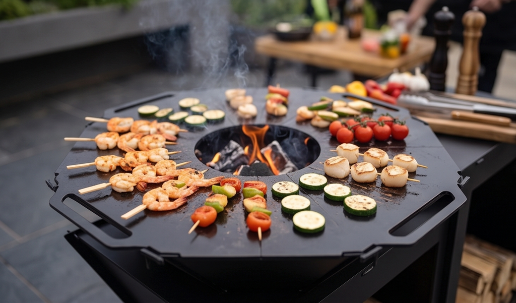 Beautiful Handcrafted Large Premium Geometric Plancha Fire Pit Grill – Wood-Burning Flat Top BBQ with Built-in Log Storage