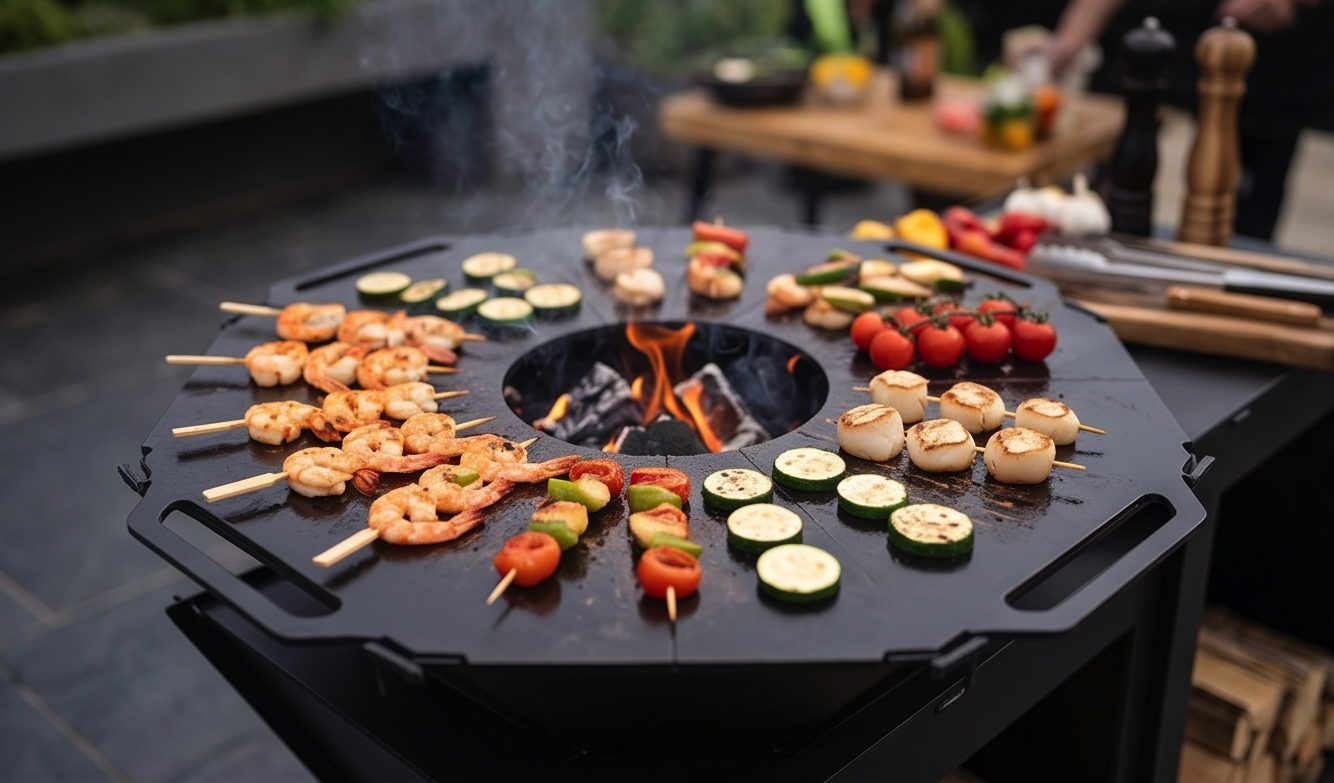Beautiful Handcrafted Large Premium Geometric Plancha Fire Pit Grill – Wood-Burning Flat Top BBQ with Built-in Log Storage