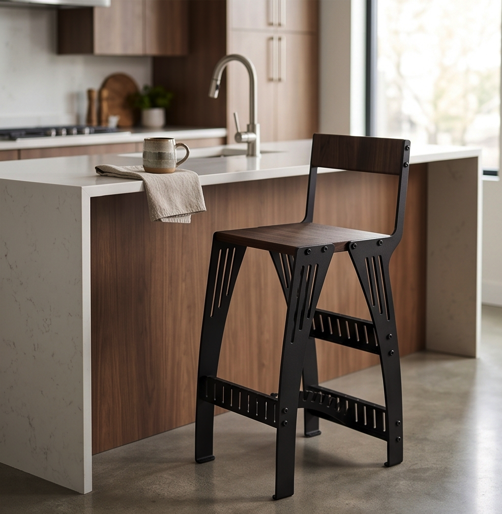 Handcrafted Industrial Modern Solid Wood & Steel Barstool - High-Back Counter Chair