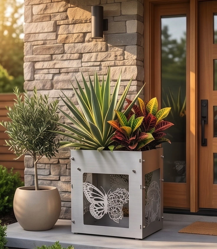 Handcrafted Stainless Steel Tall Planter with Decorative Butterfly & Mushroom Design – Indoor/Outdoor Display
