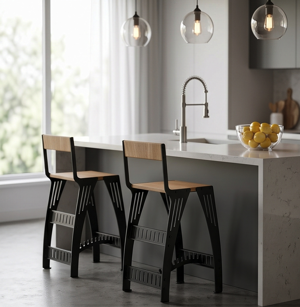 Handcrafted Industrial Modern Solid Wood & Steel Barstool - High-Back Counter Chair
