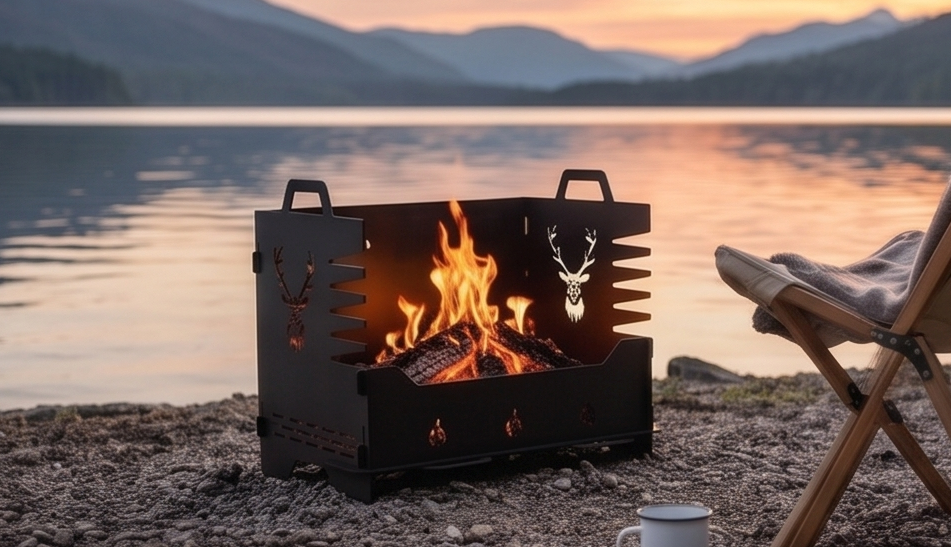 Portable BBQ, Grill, Fire Pit, Collapsible BBQ with Adjustable Cooking Grate – Rustic Deer Design