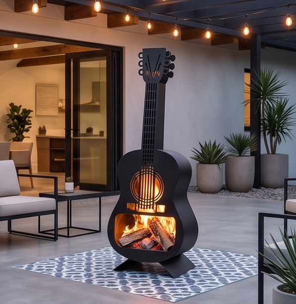 Handcrafted Acoustic Guitar Metal Fire Pit – 105cm Outdoor Chiminea