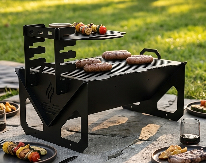 Portable Grill & Fire Pit – Handcrafted Heavy-Duty Collapsible BBQ with Adjustable Rack Attachment