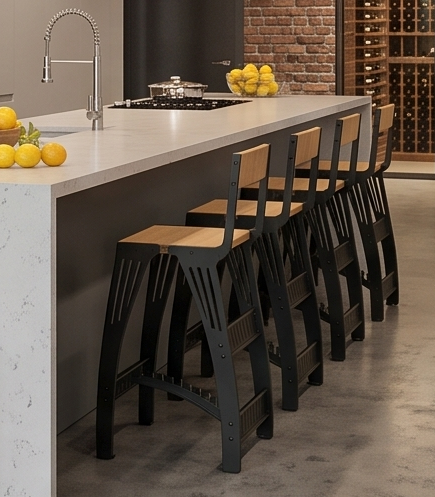 Handcrafted Industrial Modern Solid Wood & Steel Barstool - High-Back Counter Chair