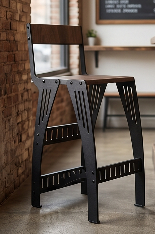 Handcrafted Industrial Modern Solid Wood & Steel Barstool - High-Back Counter Chair