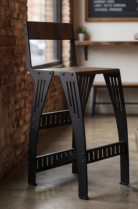 Handcrafted Industrial Modern Solid Wood & Steel Barstool - High-Back Counter Chair