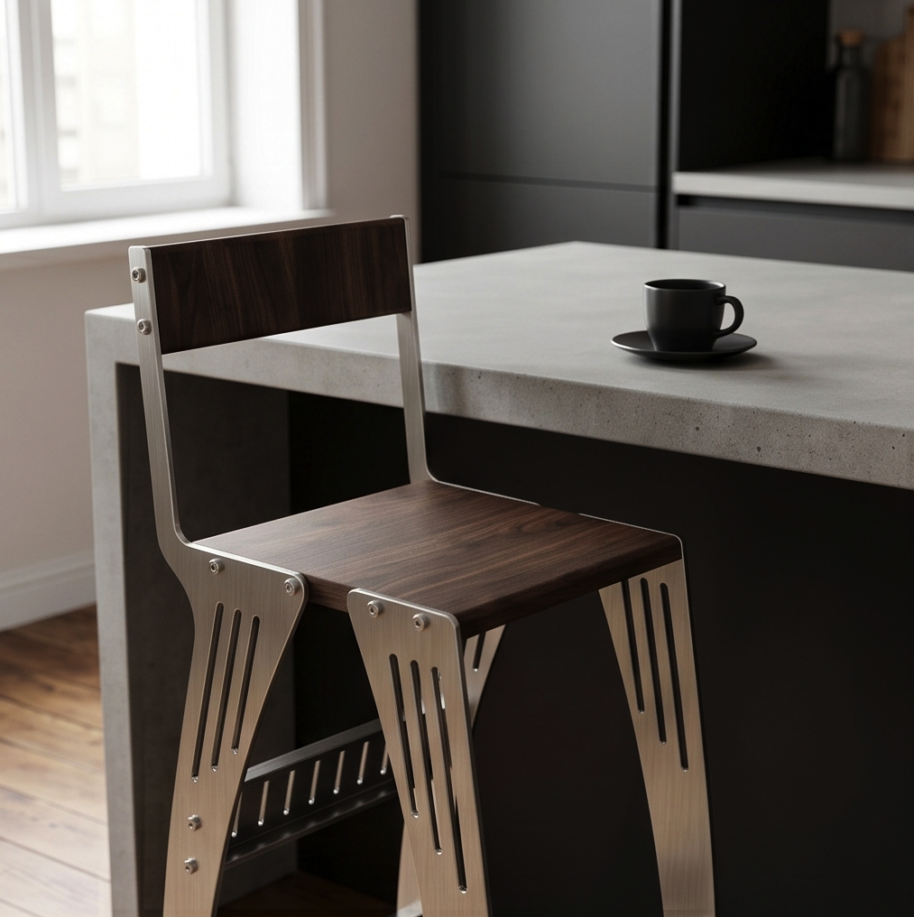 Handcrafted Industrial Modern Solid Wood & Stainless Steel Barstool - High-Back Counter Chair