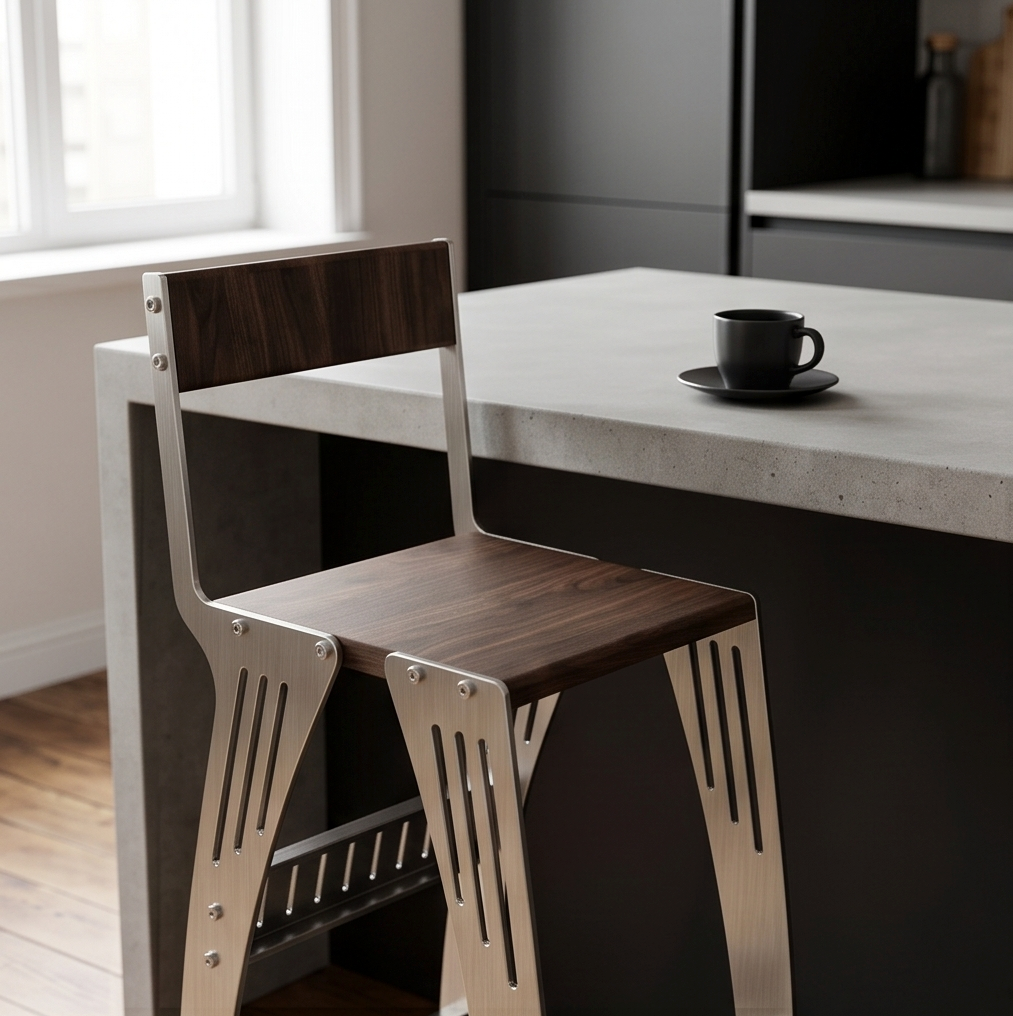 Handcrafted Industrial Modern Solid Wood & Stainless Steel Barstool - High-Back Counter Chair